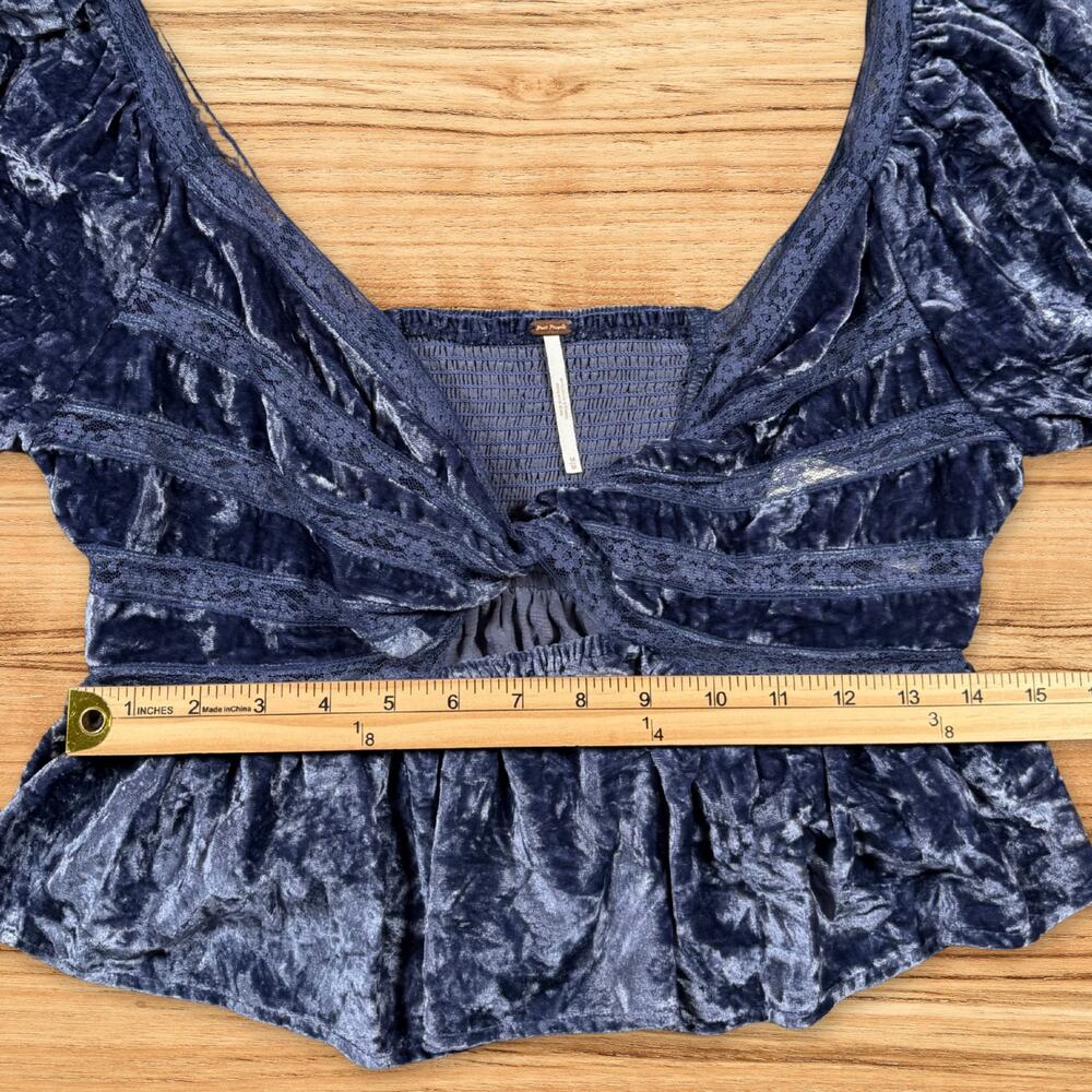 Free People Yours Truly Crushed Velvet Peplum Puff Sleeve Top Blue Size Medium - Picture 7 of 9
